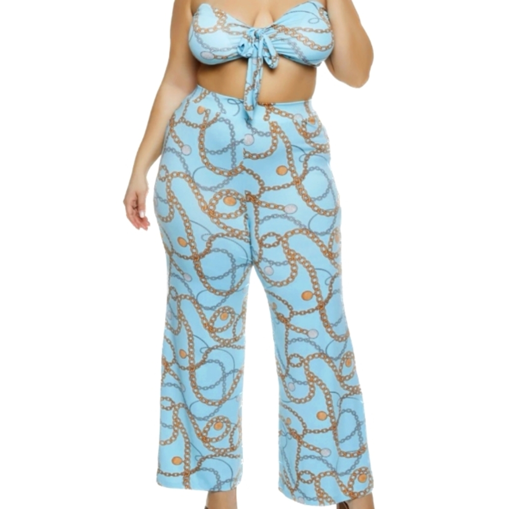 Plus Size Chain Print Bow Crop Top and Wide Leg Pants Set
